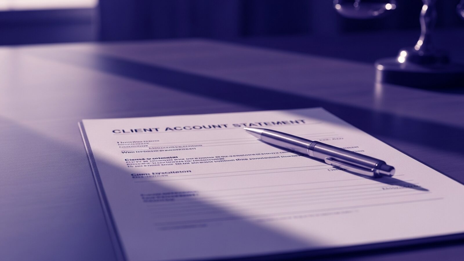 A printed client account statement with a pen on the desk — clear statements keep clients informed about balances and payments