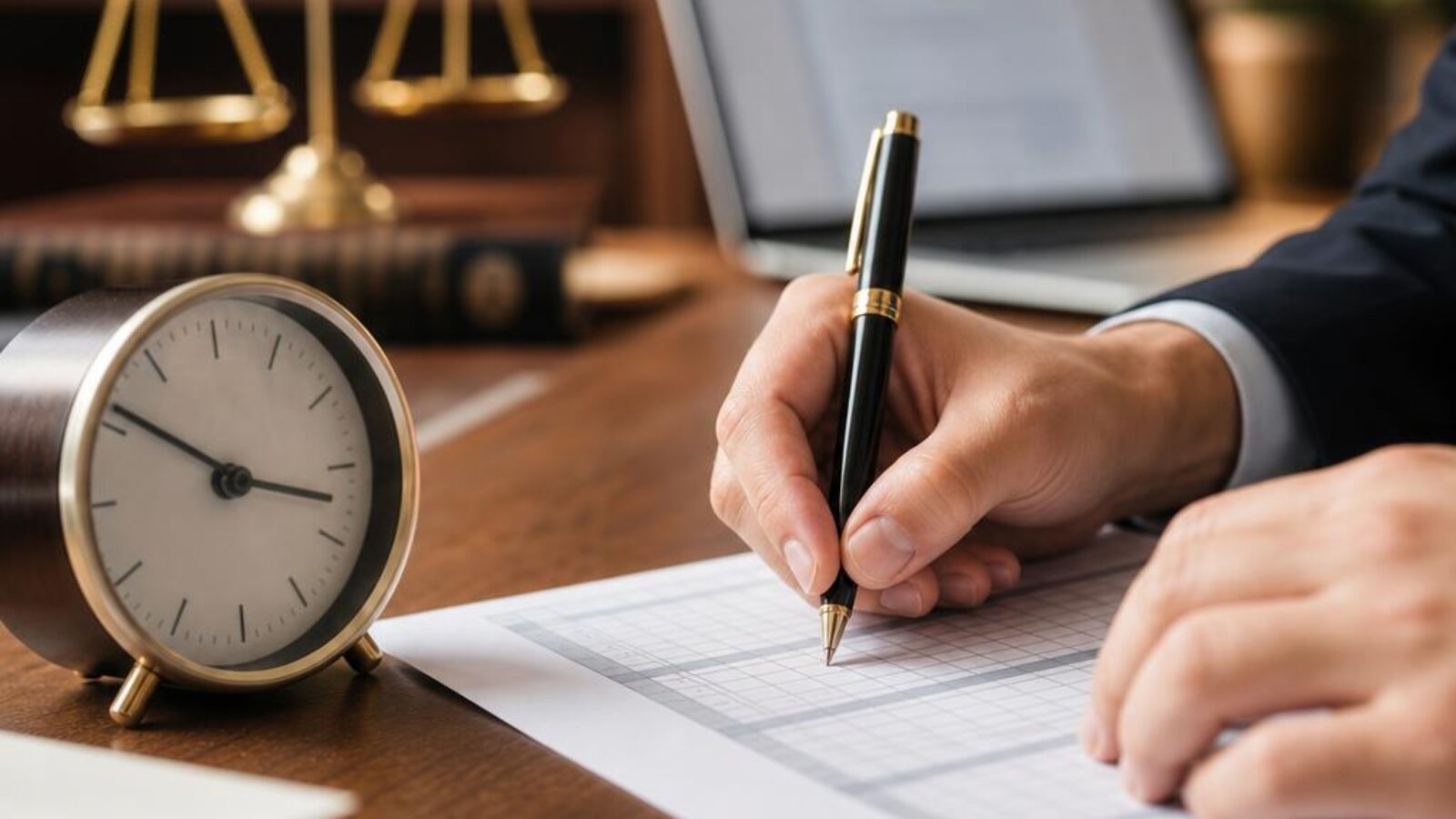 Hands recording time on a printed timesheet beside a desk clock — six-minute increments turn scattered minutes into consistent entries