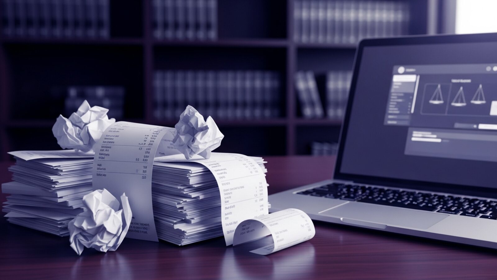 Receipts gathered beside a laptop — consistent expense tracking keeps reimbursable costs from slipping through
