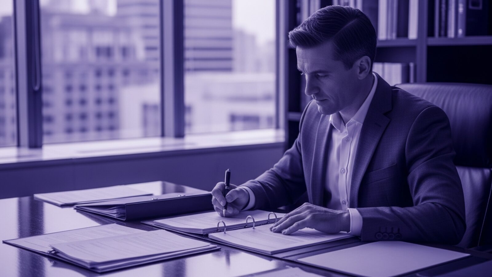 A lawyer reviewing pricing documents at the desk — flat-rate pricing keeps the Time59 cost equation simple to evaluate