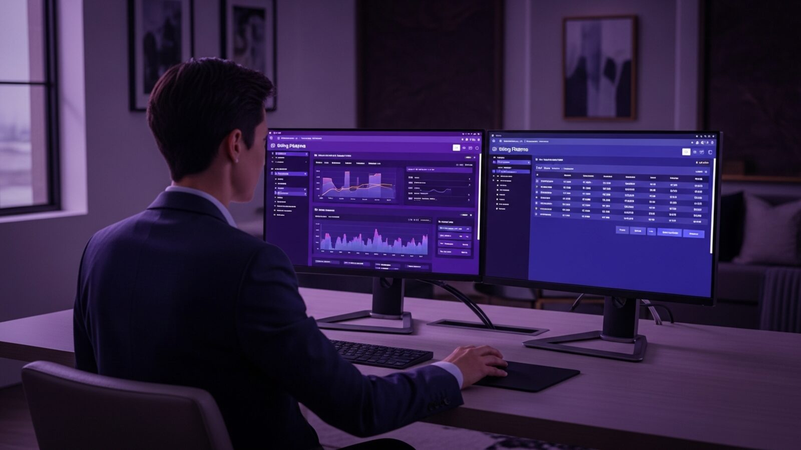 An attorney comparing billing platforms side by side on dual monitors — feature-by-feature evaluation is the heart of the Bill4Time vs Time59 decision