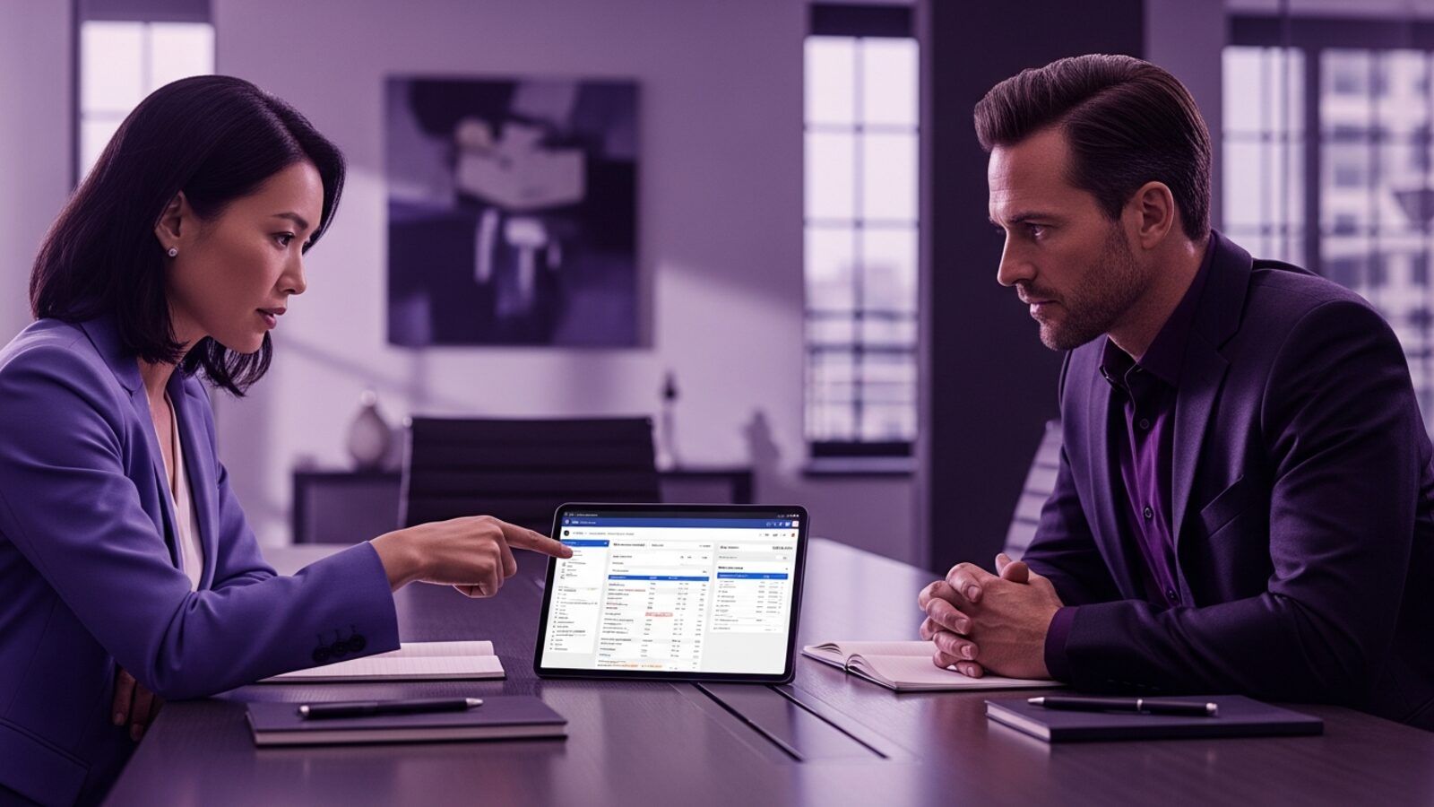 Two colleagues weighing billing platform options across the table — pricing philosophy shapes the entire comparison
