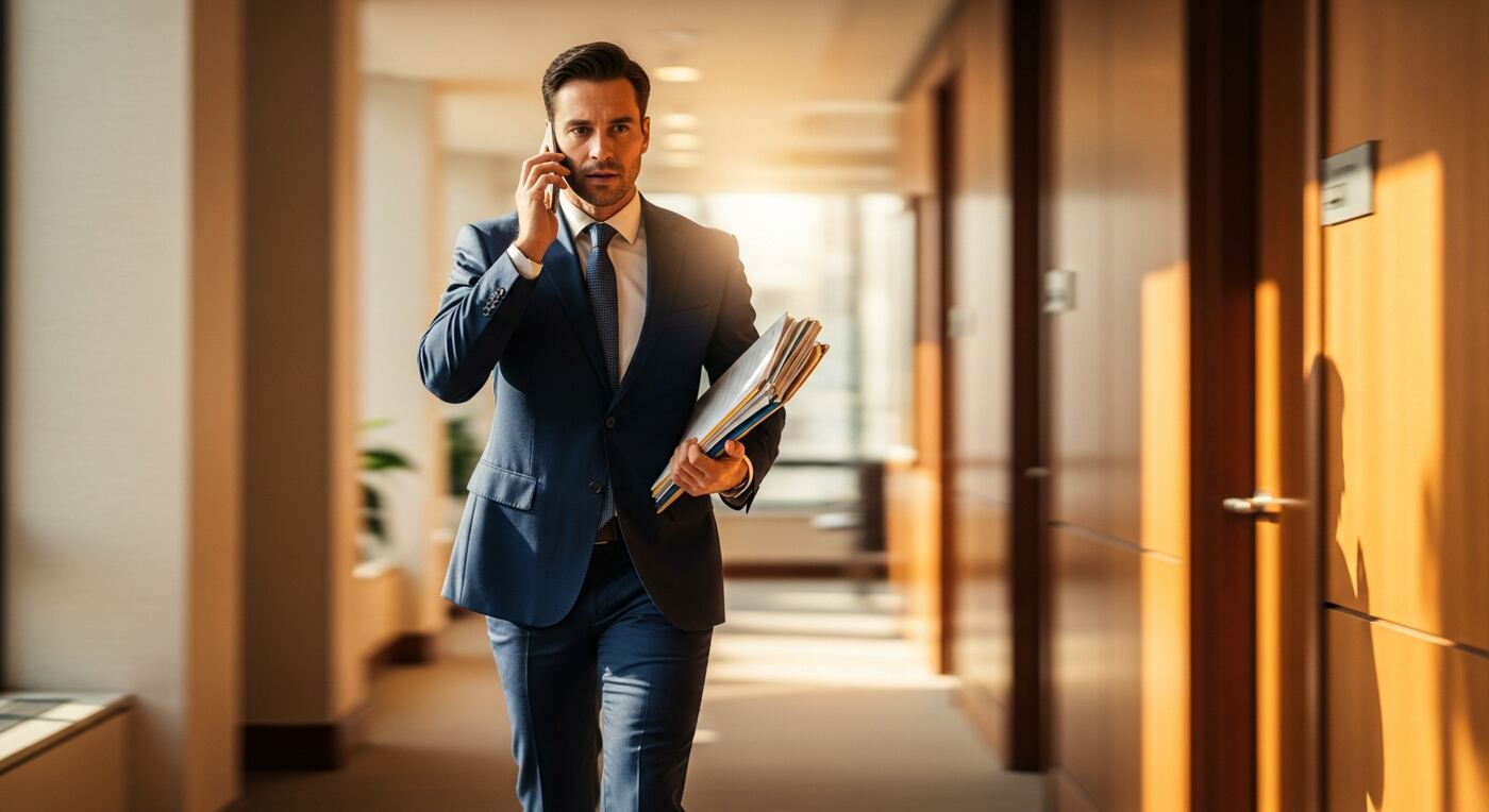 A busy attorney walking between meetings while taking a call — the fragmented moments where billable time quietly disappears