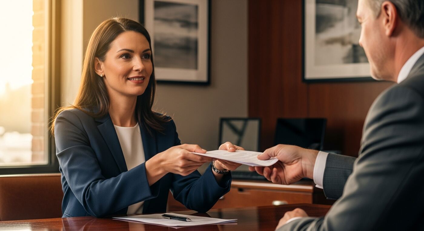 An attorney and client completing an engagement across the desk — faster invoicing keeps payment conversations simple