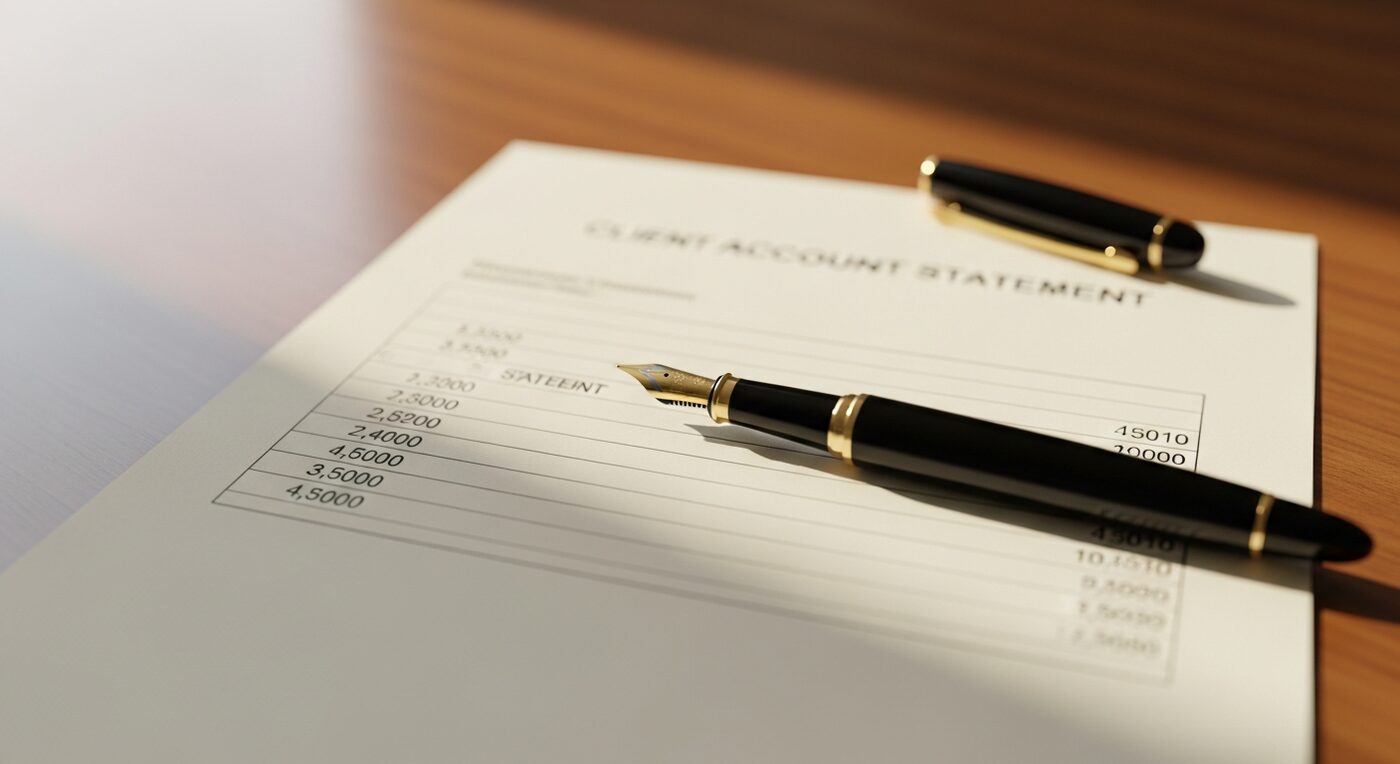 A printed client account statement with a pen on the desk — clear statements keep clients informed about balances and payments