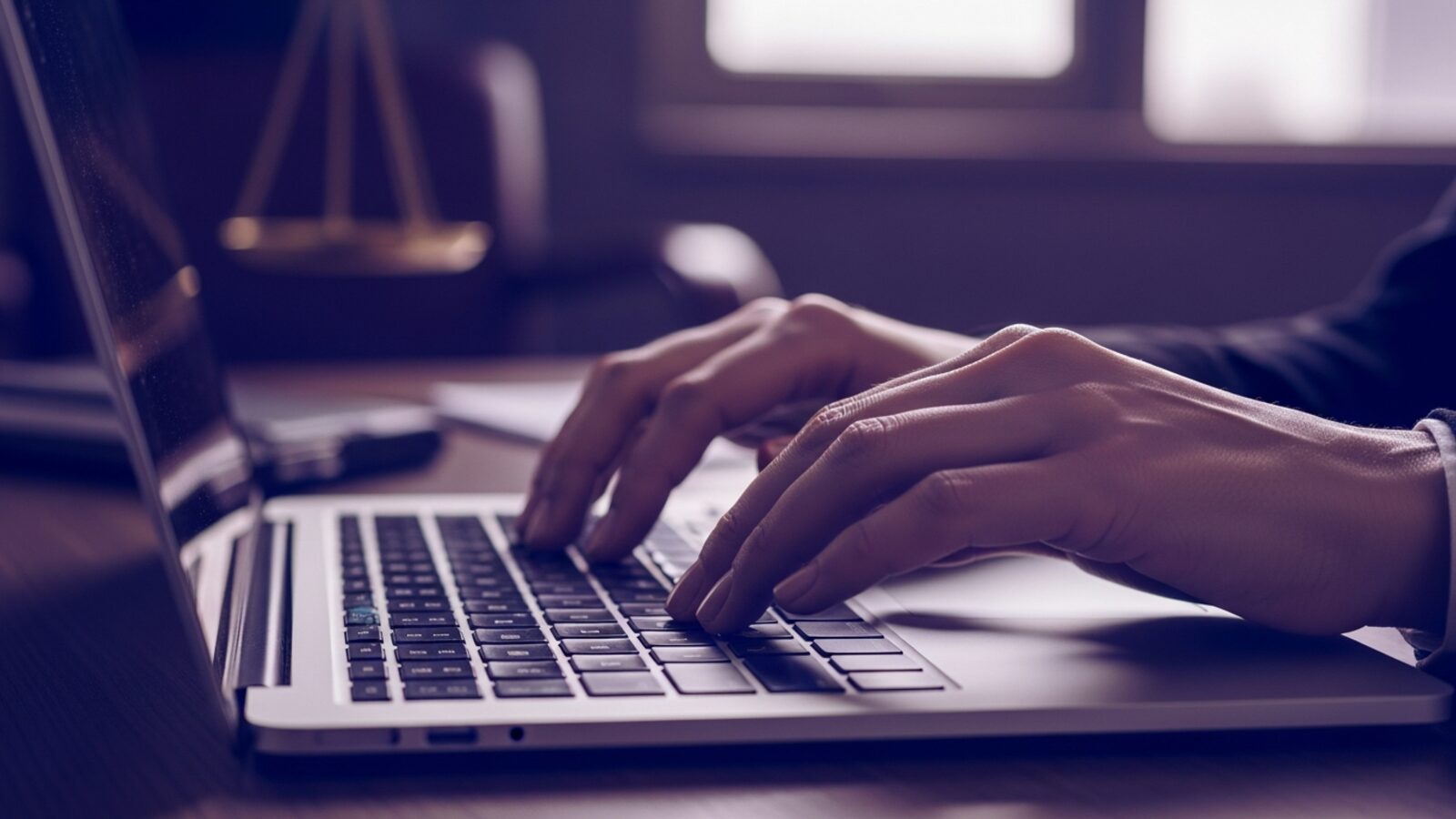 Hands typing a message on a laptop — a default invoice message saves rewriting the same note every billing cycle