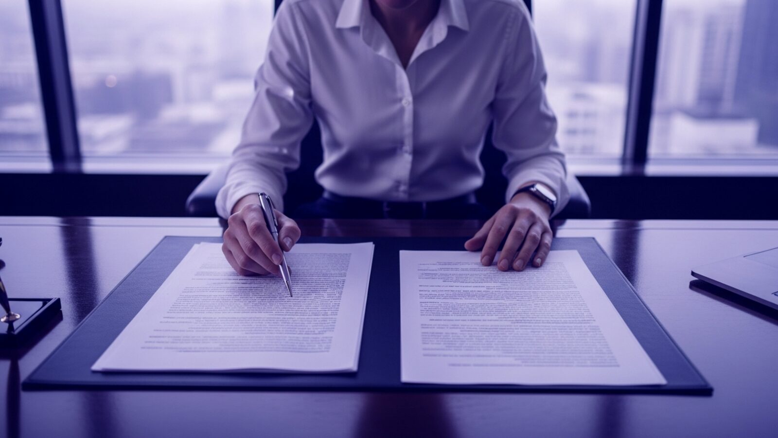A professional comparing two printed documents side by side — free and paid billing software trade cost for capability