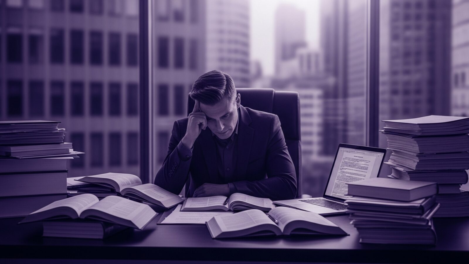 A busy professional surrounded by stacks of paperwork — fragmented workdays are where billable time quietly disappears