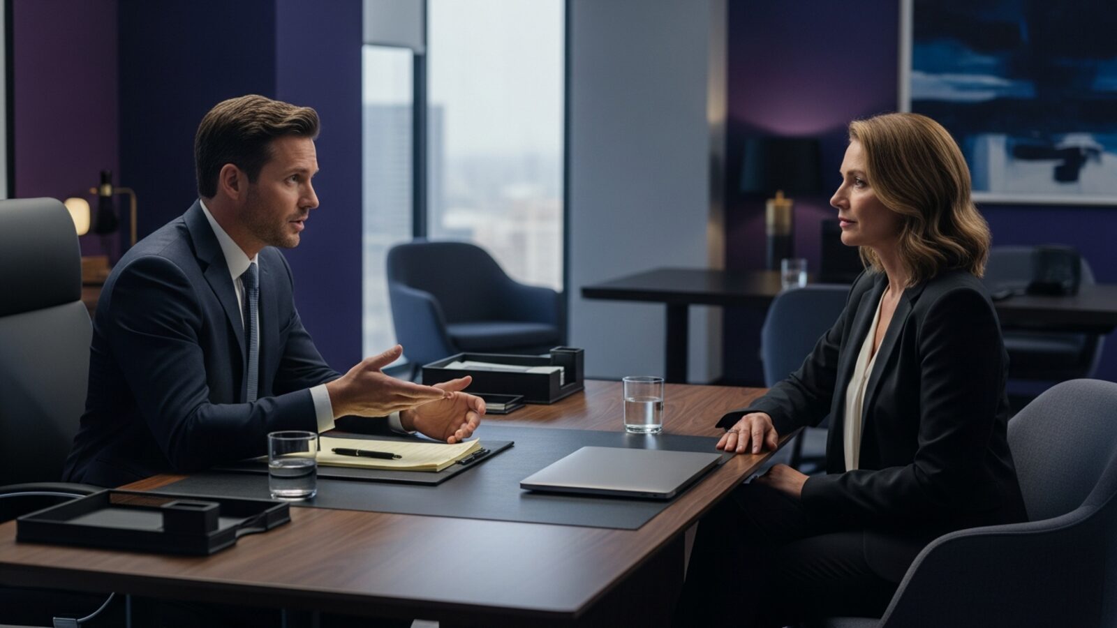 An attorney and client completing an engagement across the desk — faster invoicing keeps payment conversations simple