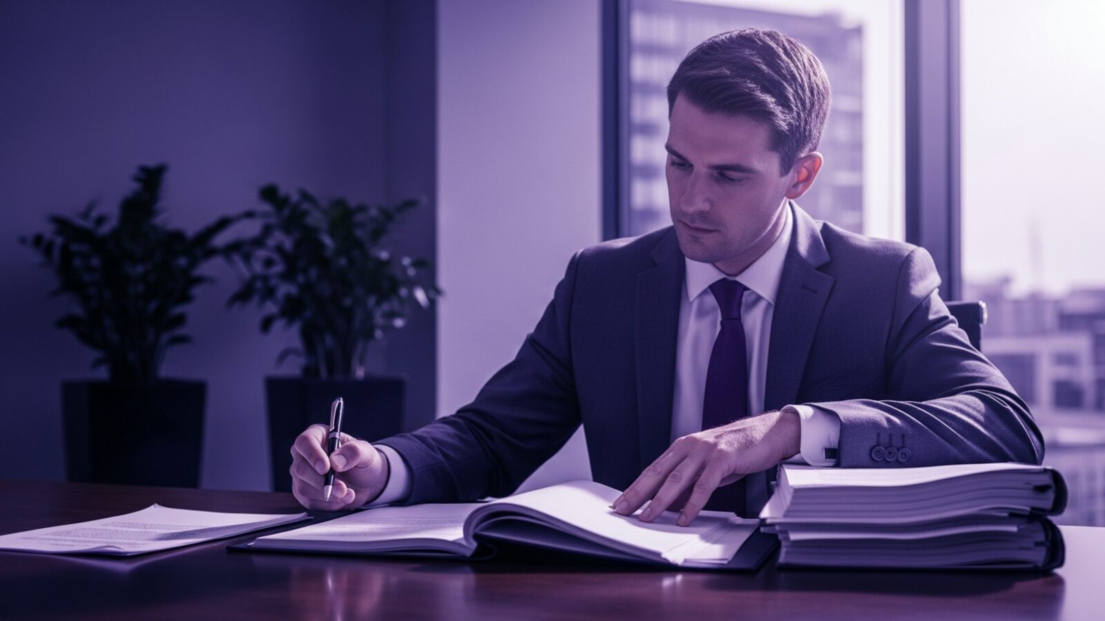An attorney methodically reviewing legal documents — the review stage sits at the center of every billing workflow