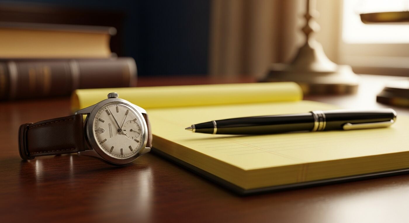 A wristwatch beside a legal pad — every untracked minute represents revenue that never reaches an invoice