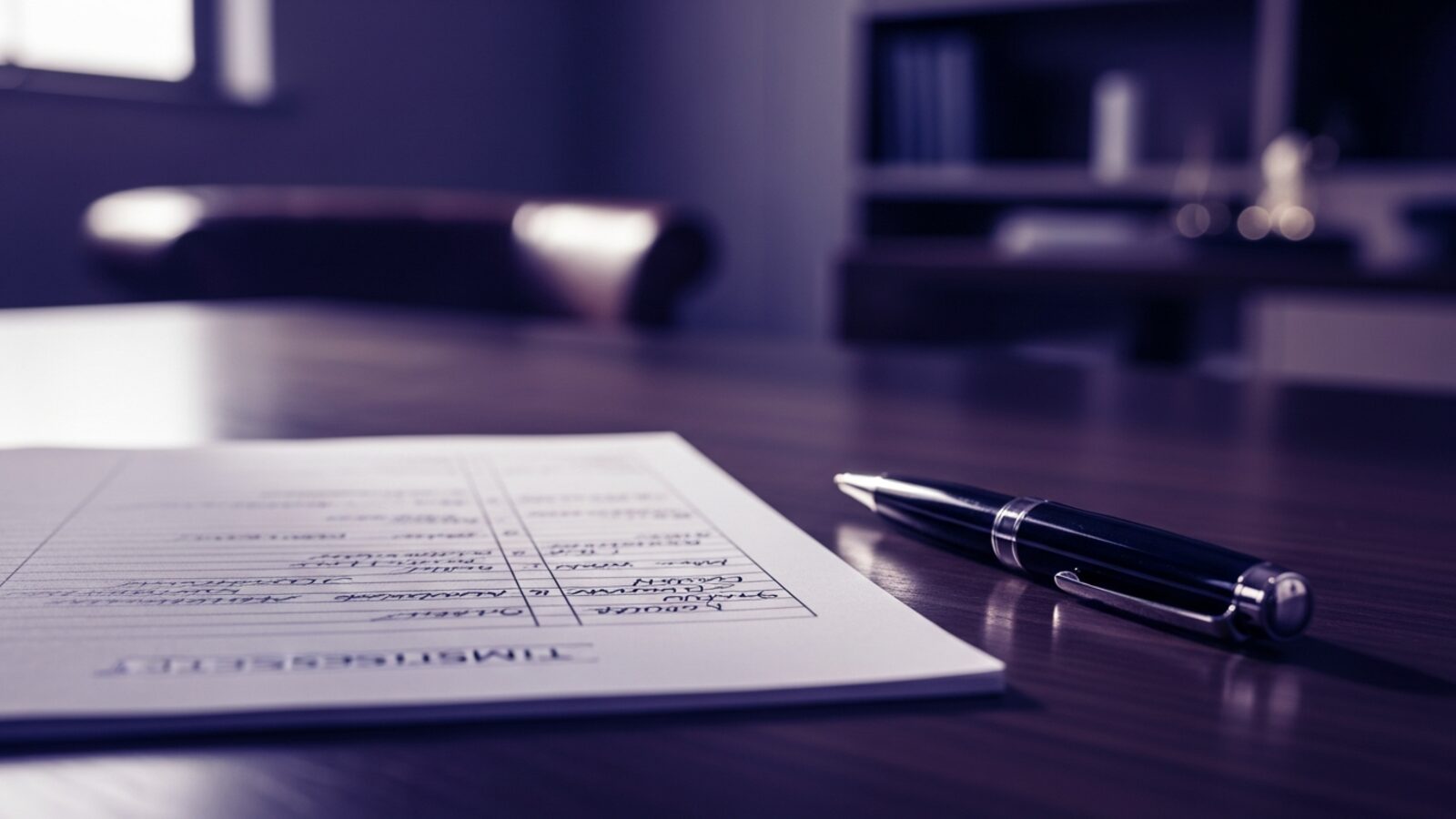 A handwritten timesheet and pen on a desk — manual tracking relies on memory and end-of-day reconstruction