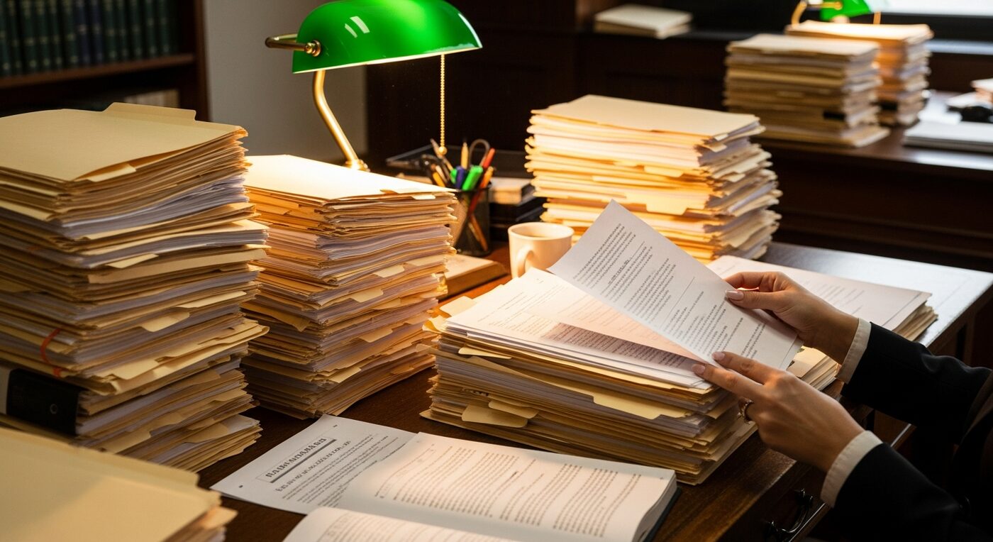 A busy professional surrounded by stacks of paperwork — fragmented workdays are where billable time quietly disappears
