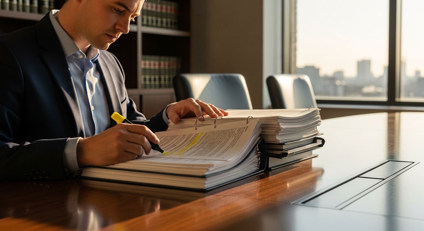 An attorney methodically reviewing legal documents — the review stage sits at the center of every billing workflow