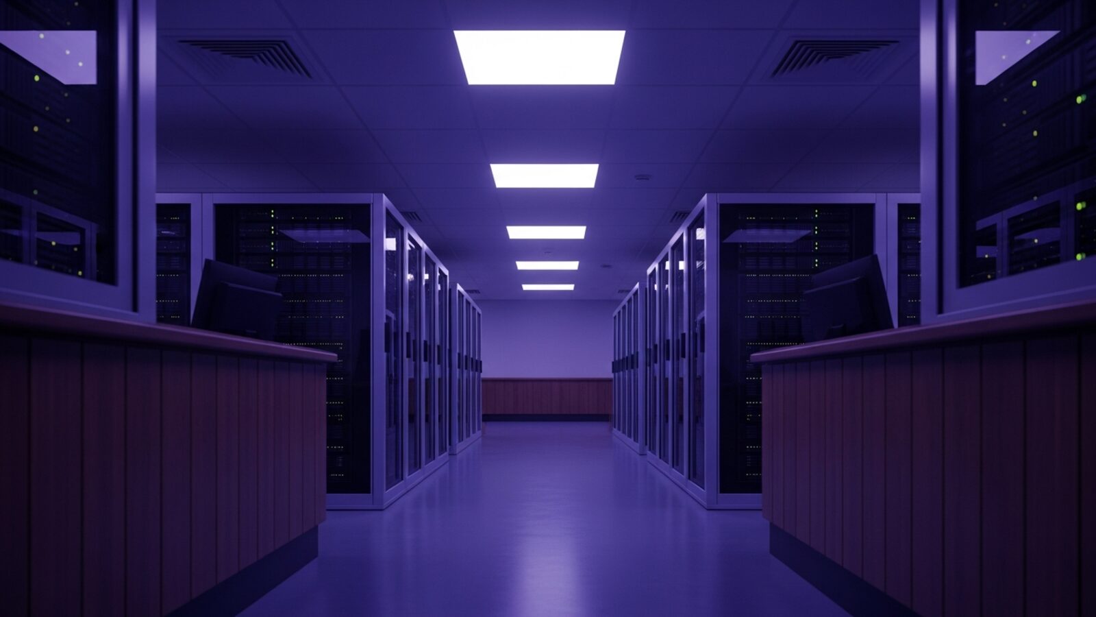 A cloud data center corridor — running on Microsoft Azure gives Time59 enterprise-grade reliability