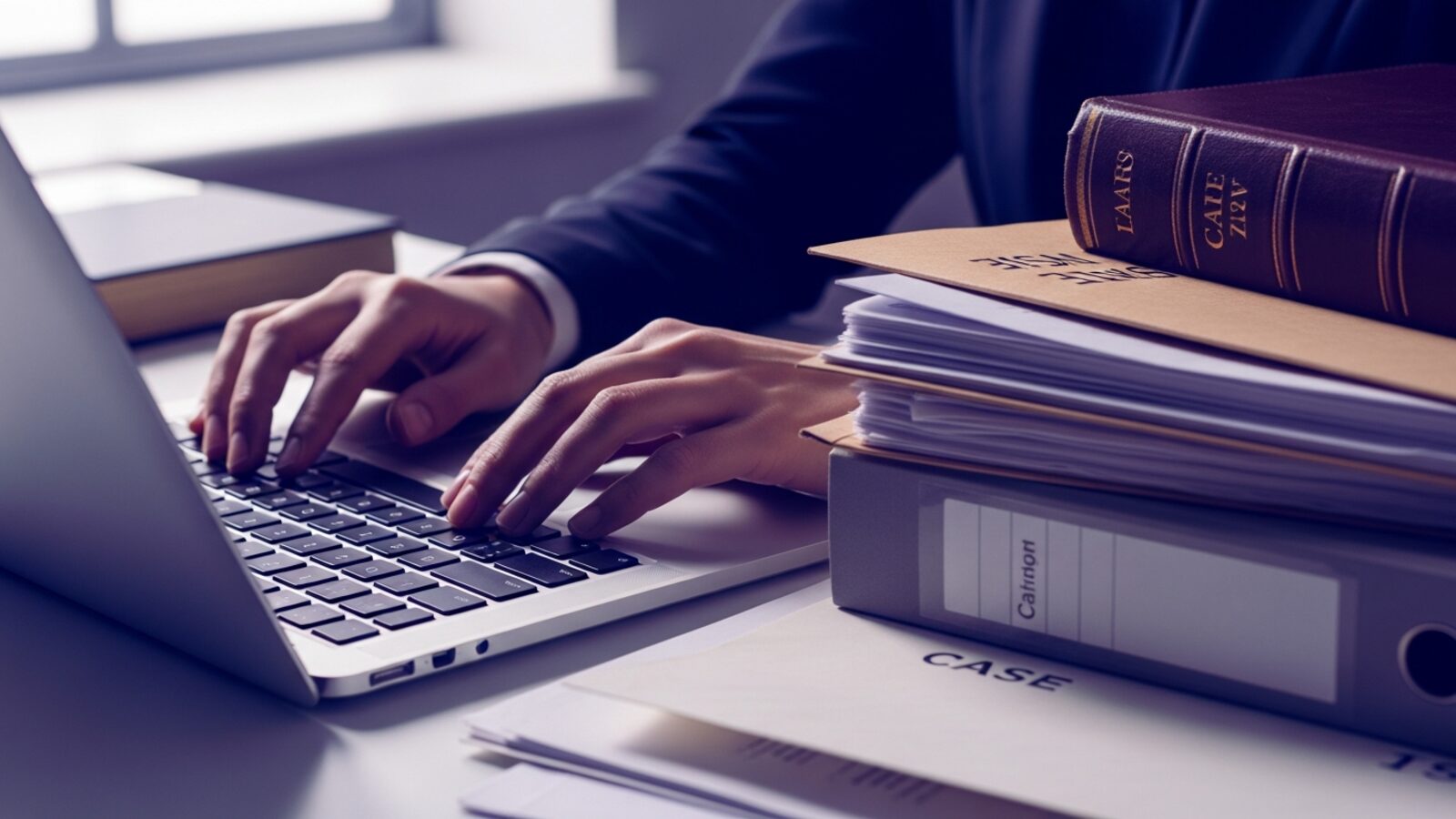 Hands typing an invoice on a laptop beside case documents — the billing workflow is where TimeSolv and Time59 differ most