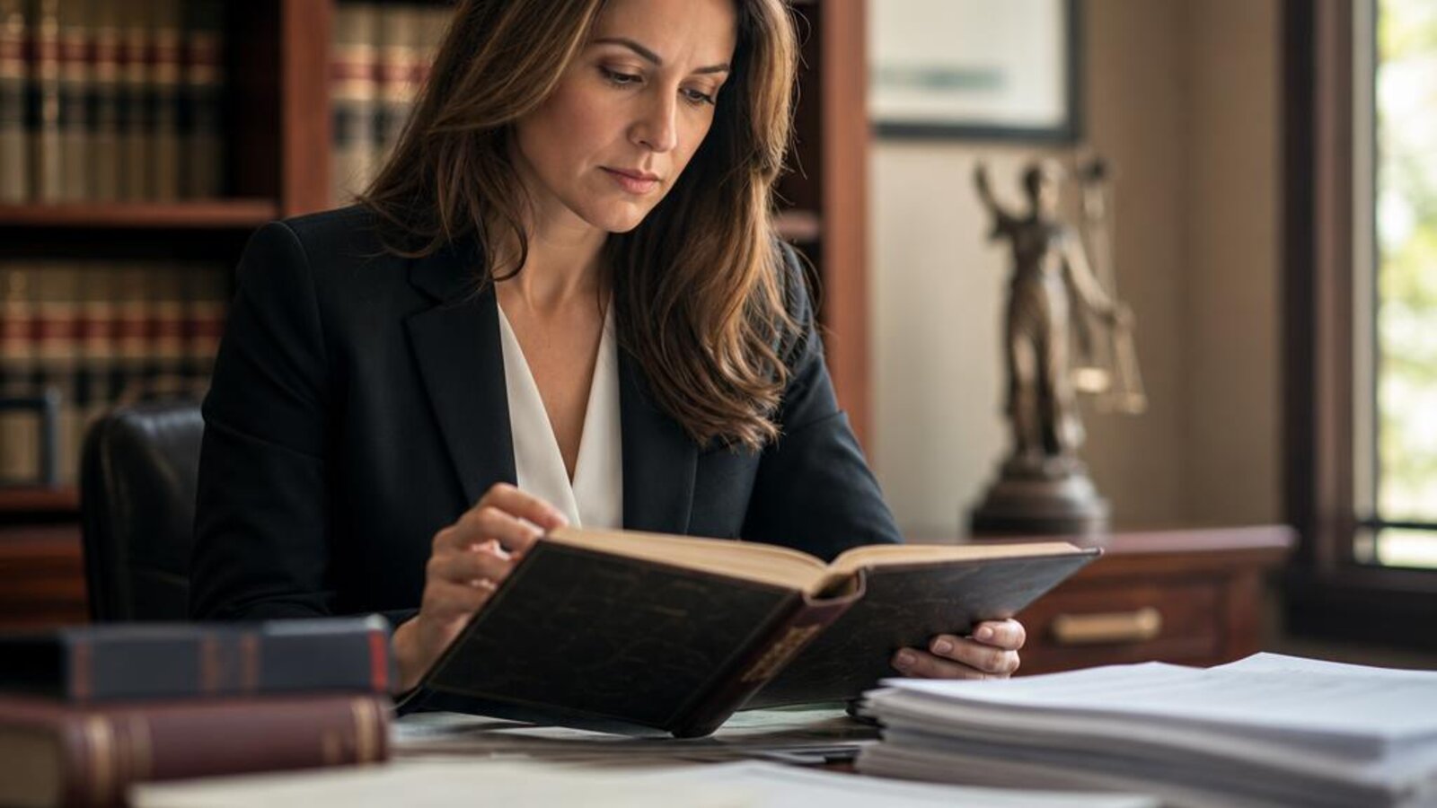 A professional reviewing a bound ledger beside stacked bank statements — monthly three-way reconciliation keeps trust records coherent