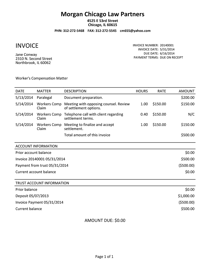 Sample Time59 legal invoice showing itemized time entries and totals